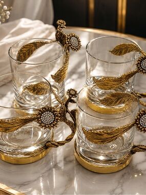 Luxury Gold-Accent Glass mugs Set - Ornate Sunflower Design